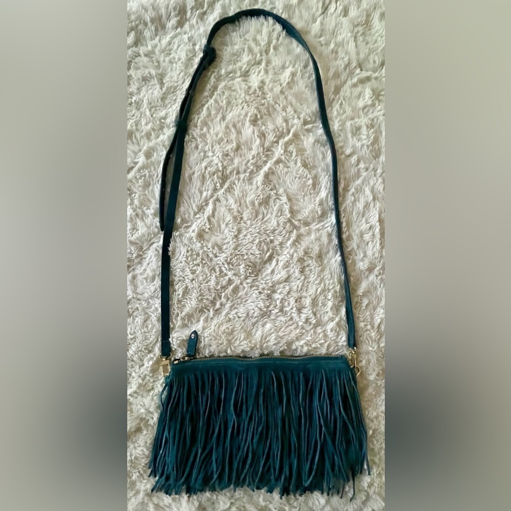 HButler Blue Suede Fringe Crossbody Bag